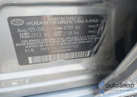 2009 Hyundai Sonata Gls from USA, damaged, VIN 5NPET46C09H497492